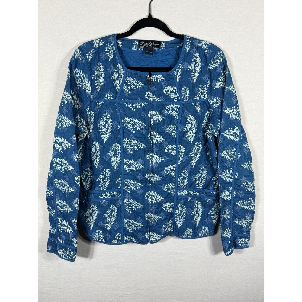 Lucky Brand Quilted Jacket Women's L Blue Floral Cotton Zip Pockets 100% Cotton
